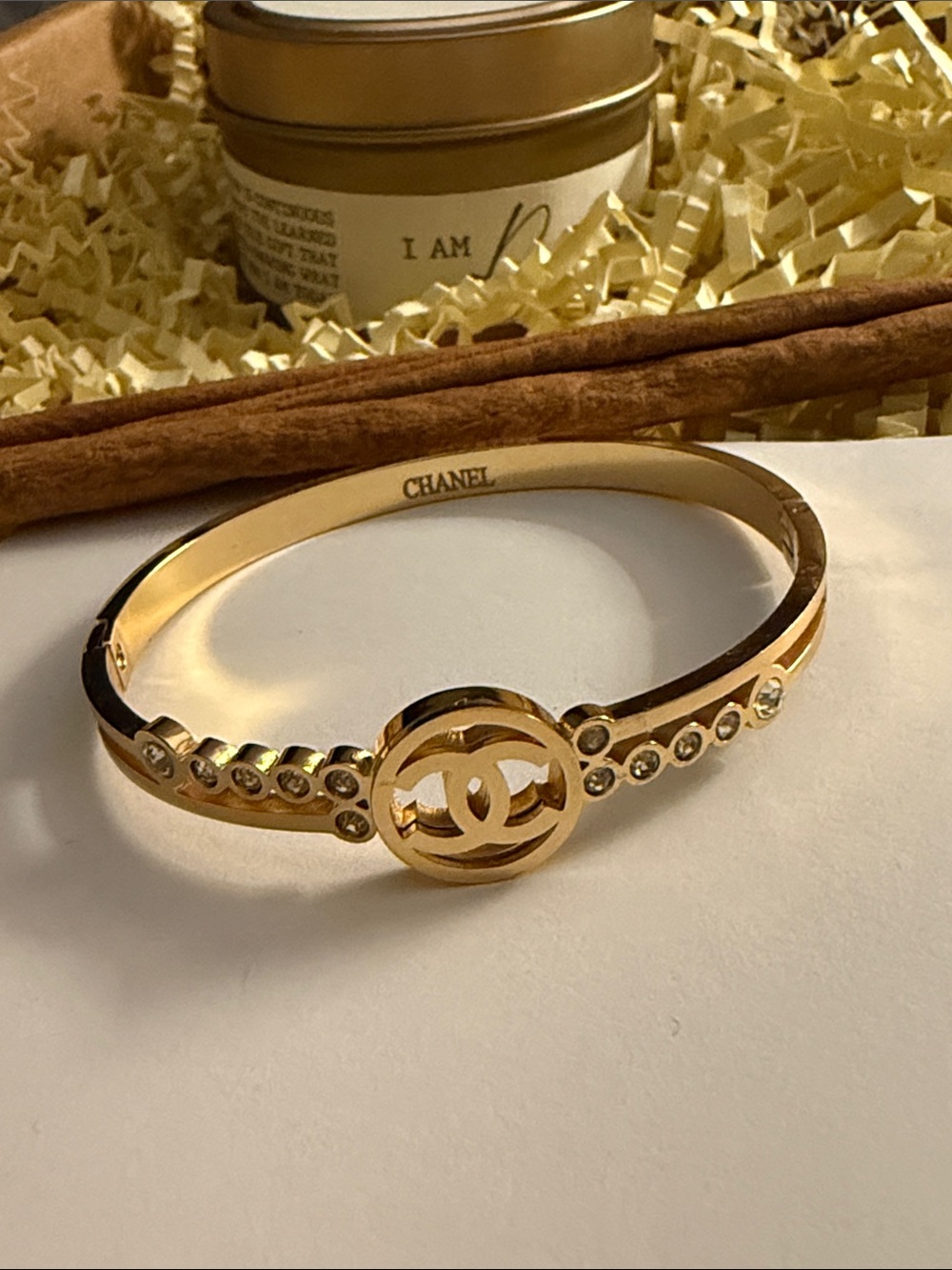 Gold Crystal-Accented Interlocking CC Bangle